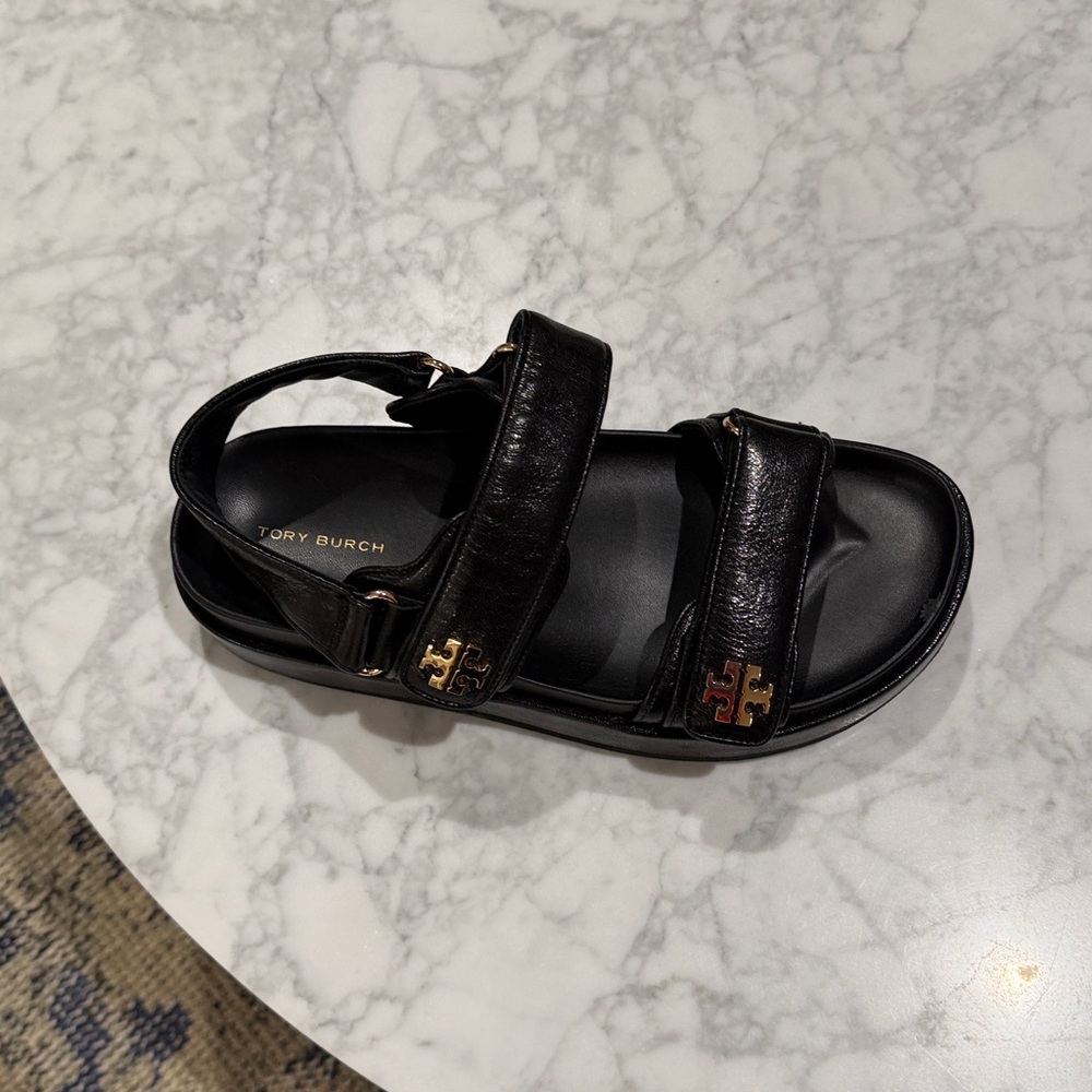 Tory Burch Black Leather Kira Sport Double Strap Logo Sandals 7.5 - Picture 2 of 7